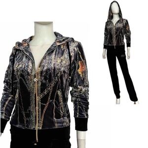 NWT WOMEN VELOUR TRACKSUIT 2 PC SET JACKET/BLACK PANTS HOODED ZIPPED LOUNGEWEAR‎